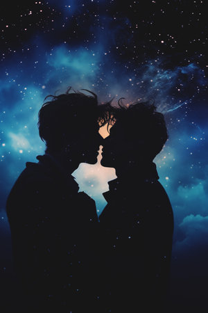 young gay couple kissing at night, romantic lgbt love and romanceの素材