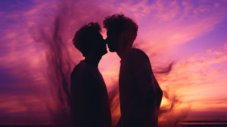 young gay couple kissing at pink sunset, romantic lgbt love and romanceの素材