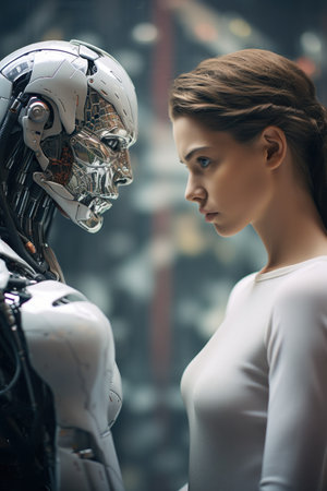 side view portrait of human and cyborg robot looking face to face, humanity and artificial intelligence collaborationの素材