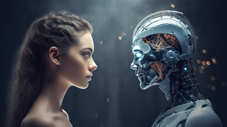 side view portrait of human and cyborg robot looking face to face, humanity and artificial intelligence collaborationの素材