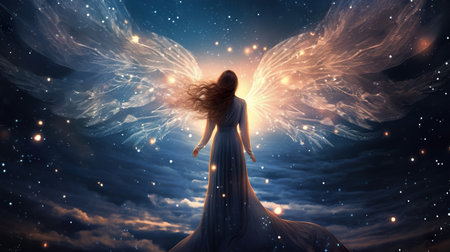 silhouette of beautiful fantasy angel woman in heaven and on star night backgroundの素材