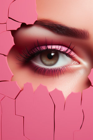 young fashionable woman portrait, female model looking through pink paper hole, beauty and glamour advertising conceptの素材