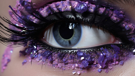 closeup shot of woman eye iris and creative makeup with dye and paint, macro of cosmetics makeup, beauty and fashionの素材