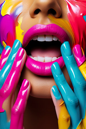 woman with colorful vibrant paint makeup and stylish multicolored nails manicure, fingers and lip, vivid female portraitの素材
