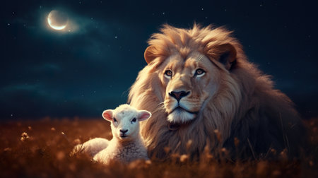 lion and lamb lying together, bible and christianity symbol of peace and paradiseの素材