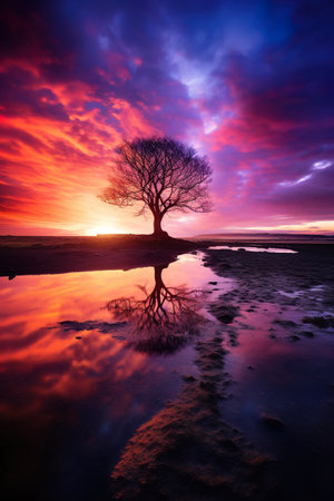 sunset with idyllic purple and pink dramatic clouds over lake water, gorgeous sunrise over pondの素材