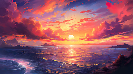 sunset with idyllic purple and pink dramatic clouds over ocean or sea water, gorgeous sunrise over oceaniaの素材