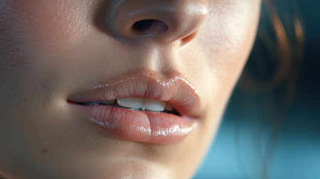 closeup shot of woman face and lips, perfect skin and skincare concept, beauty and health treatmentの素材