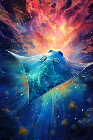 stylish illustration of fantastic sea stingray swimming in outer space with stars and nebulas, fantasy mammal in cosmosの素材