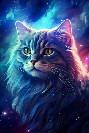 cute small cat swimming in open outer space on stars and colorful nebulas background, kitty in cosmosの素材
