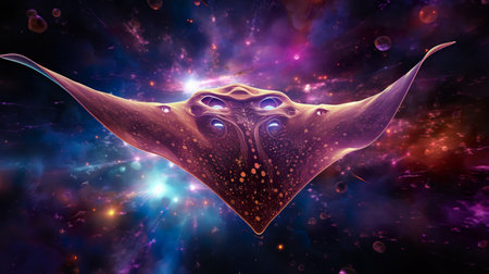 stylish illustration of fantastic sea stingray swimming in outer space with stars and nebulas, fantasy mammal in cosmosの素材