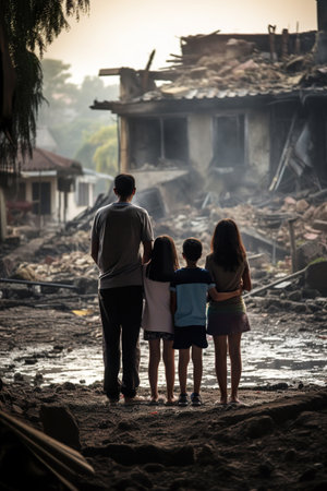 back view of refugee family looking at destroyed home after war, desperate people near demolished house after natural disasterの素材