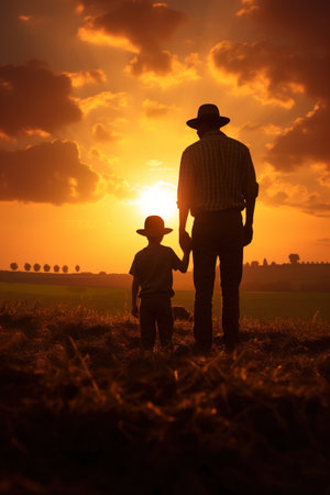 happy cheerful father with child walking by cereal field at sunset, man with daughter or son playing at summerの素材