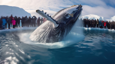 people watching humpback whale jumping out of water and taking picturesの素材