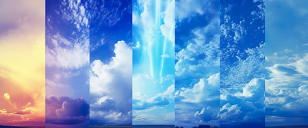 cloudy blue sky collection collage, weather and time of day changing conceptの素材