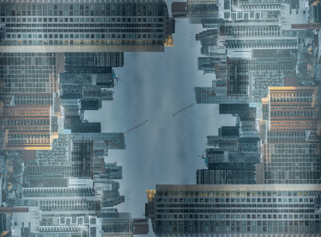 symmetry and mirrored geometry pattern, reflected skyscrapers of Toronto and modern buildings skyline abstract background, lines and tunnel futuristic technology conceptの写真素材