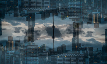 symmetry and mirrored geometry pattern, reflected skyscrapers of Toronto and modern buildings skyline abstract background, lines and tunnel futuristic technology conceptの写真素材
