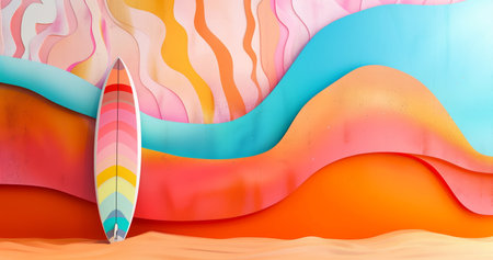 set of colorful creative surfing board standing by vibrant wall, surfing wallpaperの素材
