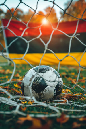 soccer ball in gate net on Germany flag background, Euro 2024 football championship conceptの素材