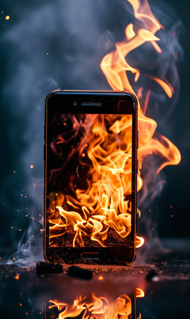 mobile phone battery burning accident, smartphone in flame, device in fire and overheating conceptの素材