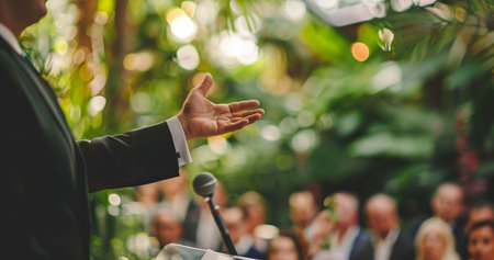 best man making speech at wedding ceremony celebration, friend or emcee speaking in microphone at holiday or birthday, happy male in suit toastingの素材