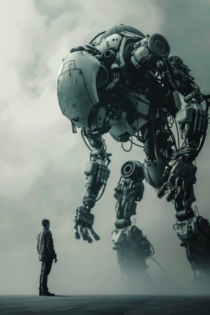 small man in front of giant robot, modern david and goliath concept, people against roboticsの素材