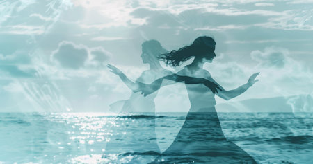 silhouette of beautiful emotional woman dancing by sea at sunset, surreal and mystic person expressionの素材