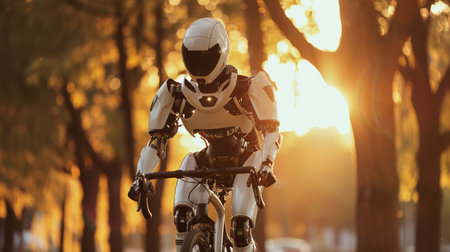 cute smart cyborg robot riding bicycle at city park, funny robot cycling, artificial intelligence of future conceptの素材