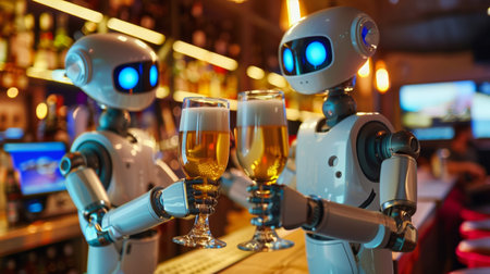 two robots drinking beer in bar, cyborg friends drink alcohol in pub, future of technology, robots have partyの素材