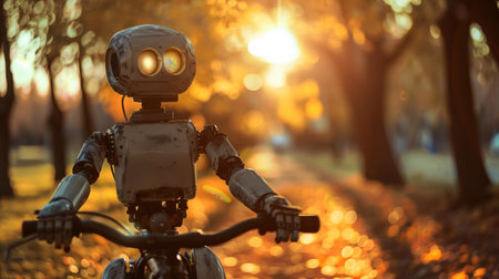 cute smart cyborg robot riding bicycle at city park, funny robot cycling, artificial intelligence of future conceptの素材