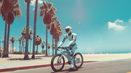 cute smart cyborg robot riding bicycle at sunny beach, funny robot cycling, artificial intelligence of future conceptの素材