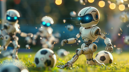 cute robots play football, humanoid cyborgs have soccer training with ballの素材