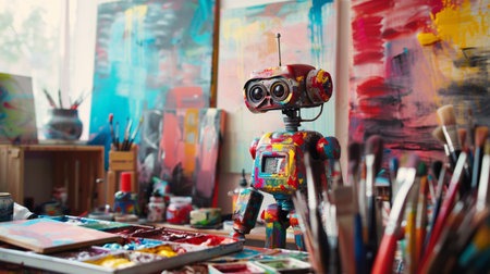 cute vintage robot painting picture in artistic studio, funny robotic cyborg artist drawing artwork on canvas, artificial intelligence conceptの素材
