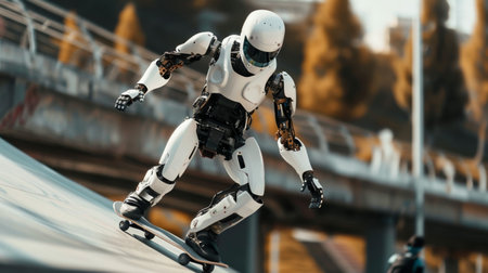 cute cyborg robot riding skate at street, funny mechanical robot skating with skateboardの素材