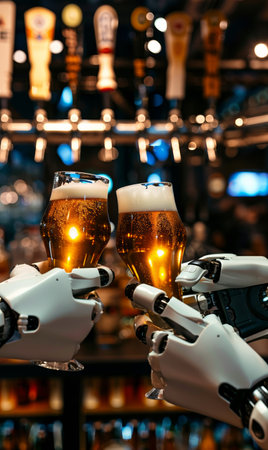 two robots drinking beer in bar, cyborg friends drink alcohol in pub, future of technology, robots have partyの素材