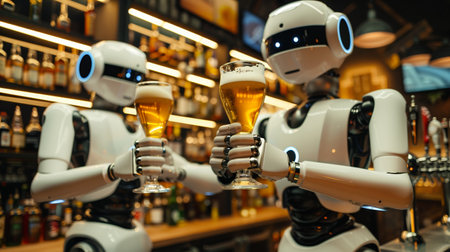 two robots drinking beer in bar, cyborg friends drink alcohol in pub, future of technology, robots have partyの素材