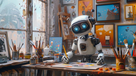 cute vintage robot painting picture in artistic studio, funny robotic cyborg artist drawing artwork on canvas, artificial intelligence conceptの素材