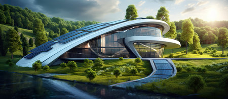 green modern futuristic home with solar panels on roof, alternative energy technologies, residential house contemporary building, generative AI. High quality artの素材