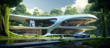 green modern futuristic home with solar panels on roof, alternative energy technologies, residential house contemporary building, generative AI. High quality artの素材
