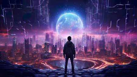 man standing on big futuristic cyberpunk city background, silhouette, generative AI. High quality artの素材