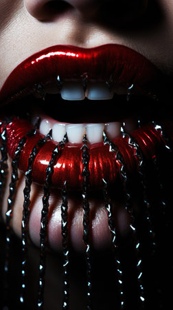 red lips and lipstick with metallic spikes in mouth, vampire vertical concept, generative AI. High quality artの素材