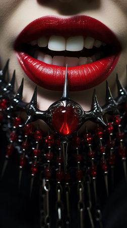 a dark woman's lips with a mouth with a spiked collar around, in the style of metal compositions, photobashing, silver and red, generative AI. High quality artの素材
