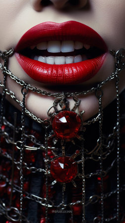 a dark woman's lips with a mouth with a spiked collar around, in the style of metal compositions, photobashing, silver and red, generative AI. High quality artの素材