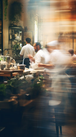 crowded restaurant with people dining and waiters, bartender and chefs working, blurred motion, generative AI. High quality photoの素材