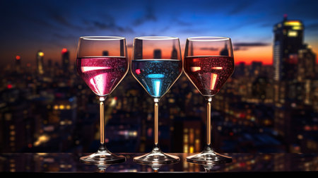 three colorful drinks in wine glass and big night city background, illuminated light skyline with skyscrapers, generative AI. High quality photoの素材