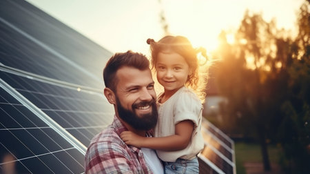happy family of father and daughter stay by eco friendly house with solar panels, sustainable renewable energy concept, generative AI. High quality photoの素材