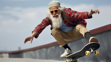 old active senior man skater with skateboard have fun, generative AI. High quality photoの素材