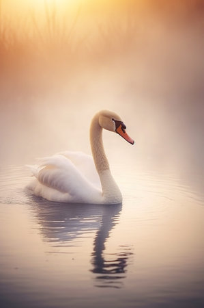 beautiful white swan swimming at lake or pond water in morning mist, serene bird at river in fog at sunset or sunrise. High quality photoの素材