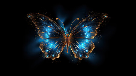 beautiful blue glowing butterfly at black background, colorful fantasy illustration. High quality photoの素材