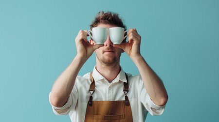 addicted hipster bartender keeps cups of coffee near face, addict bearded man wants to wake up in morning, caffeine addiction concept. High quality photoの素材